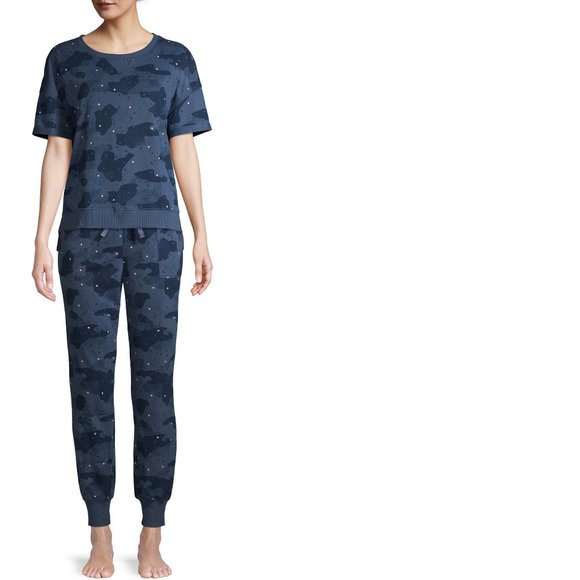 new Women's SMALL Pajamas pjs WARM Loungewear Set Blue camo 4 6 Top Pants Soft - Picture 1 of 15